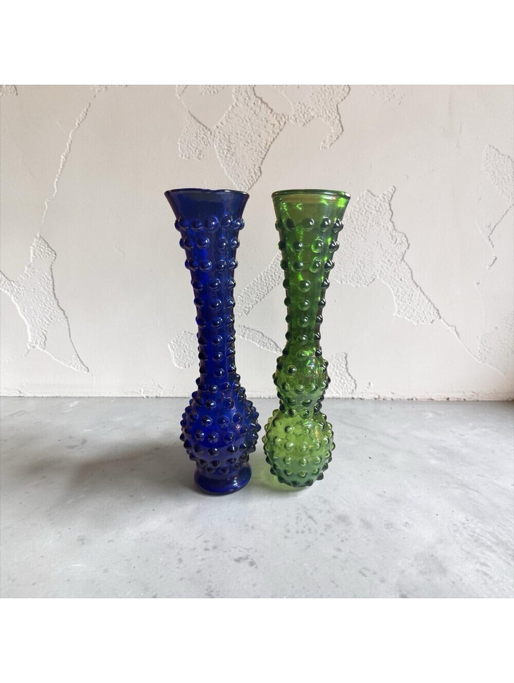 Hobnail Vase Green and Cobalt Glass Set of 2 Vases 9"H